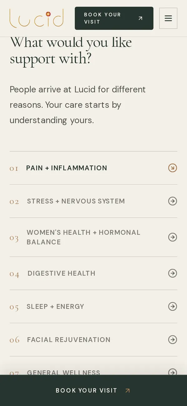 Lucid on a phone: the list of concerns under What would you like support with, with a Book your visit bar fixed to the bottom of the screen.