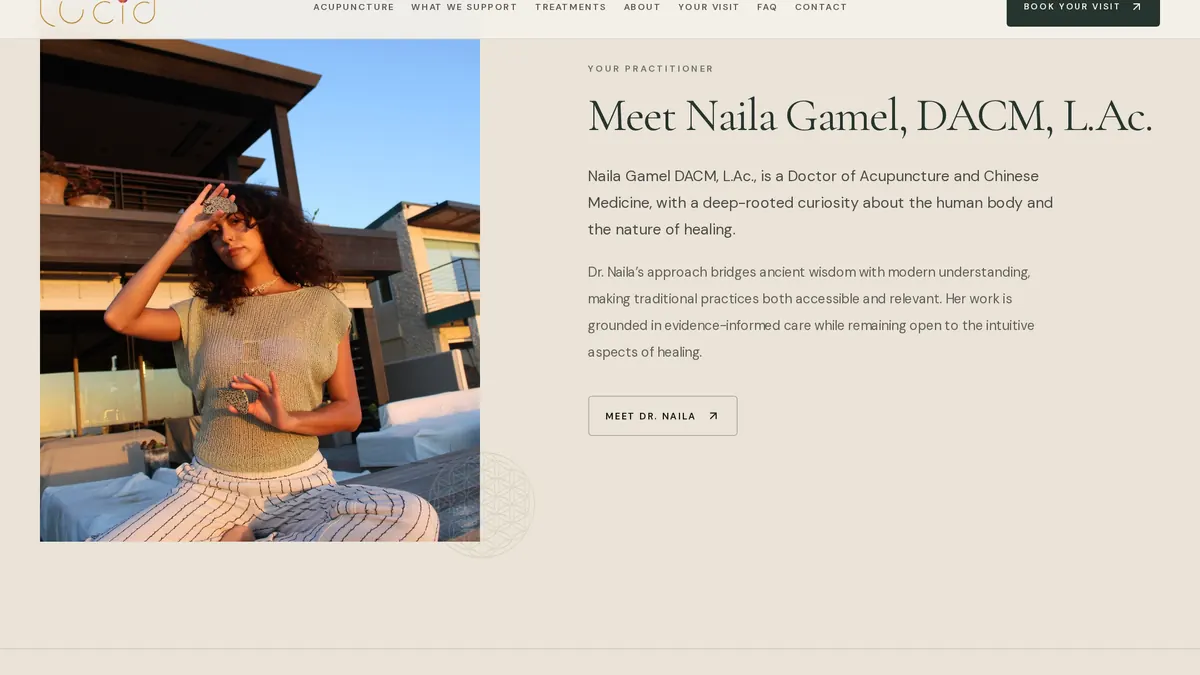 Lucid's practitioner section: a portrait of Naila Gamel holding gua sha tools beside the heading Meet Naila Gamel, DACM, L.Ac.