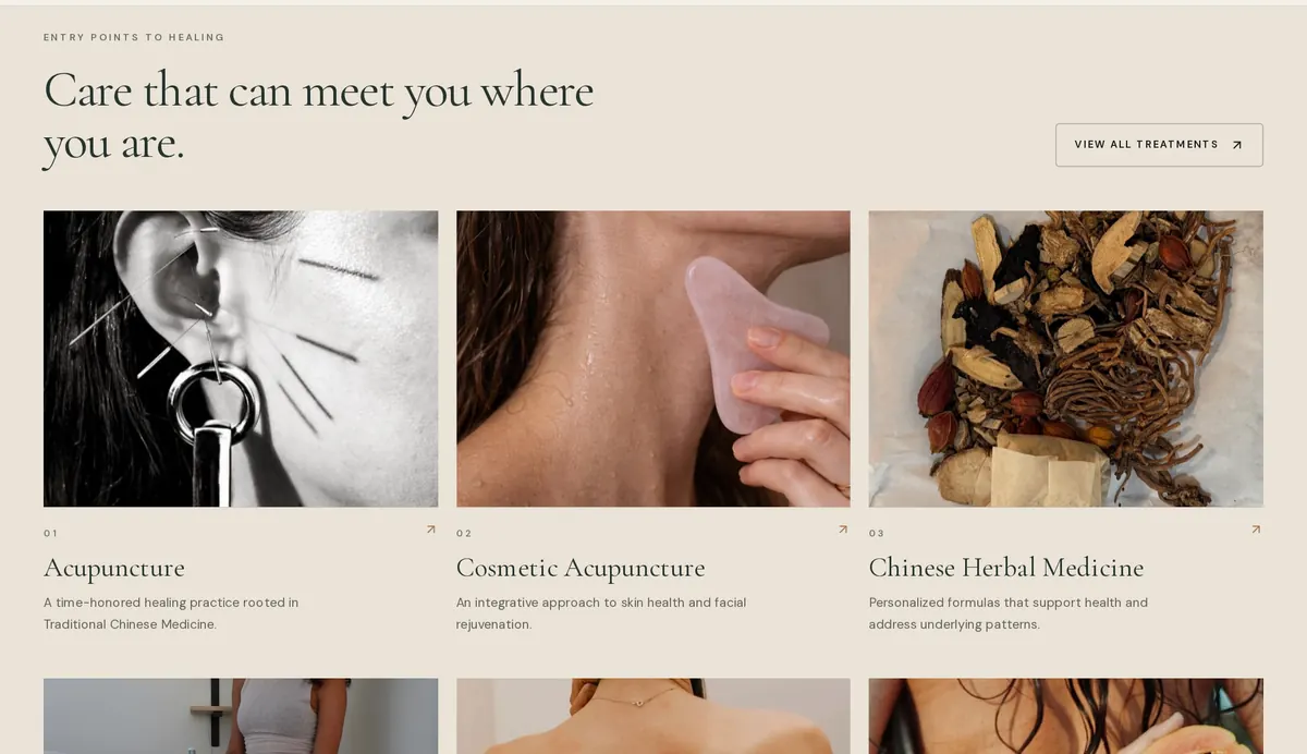 Lucid's treatments section, titled Care that can meet you where you are, with numbered cards for Acupuncture, Cosmetic Acupuncture, and Chinese Herbal Medicine.
