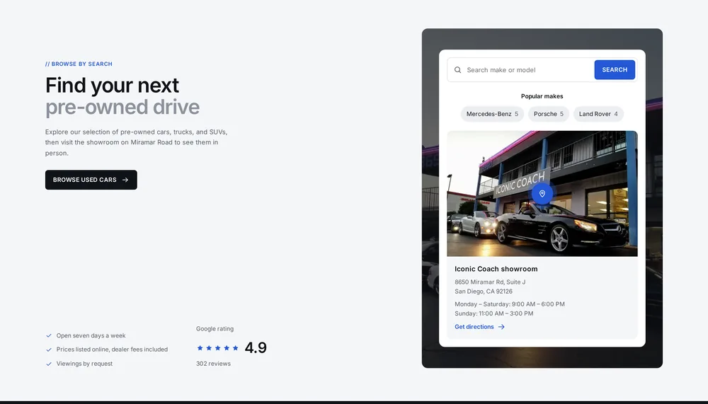 Iconic Coach search and location section with a vehicle search, popular makes and the showroom on Miramar Road.