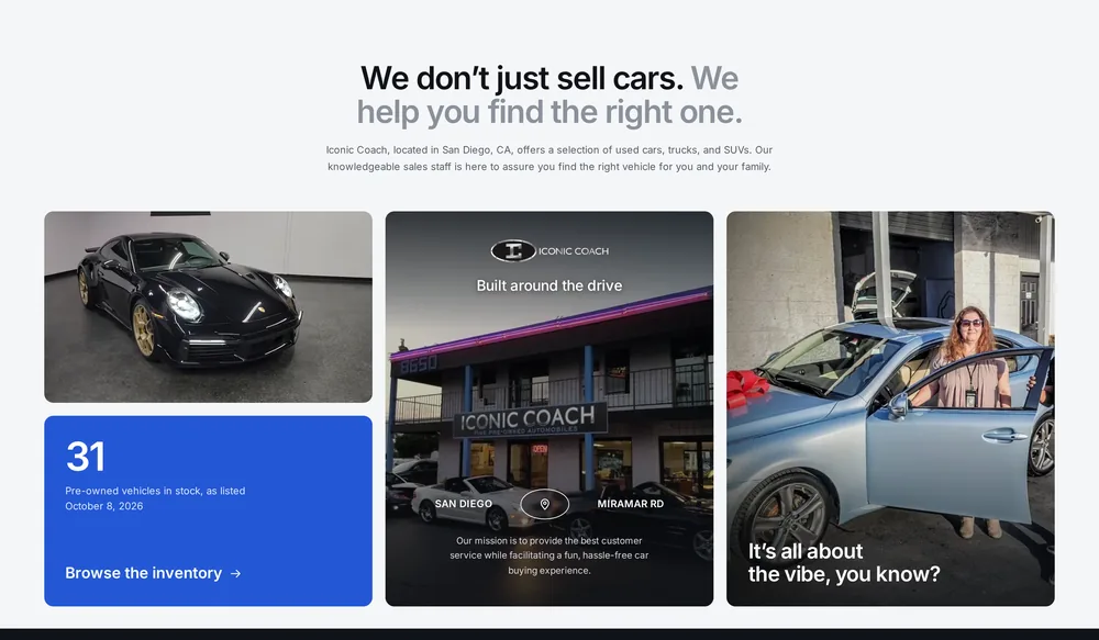 Iconic Coach introduction: We don't just sell cars. We help you find the right one, above photos of the showroom and vehicles.