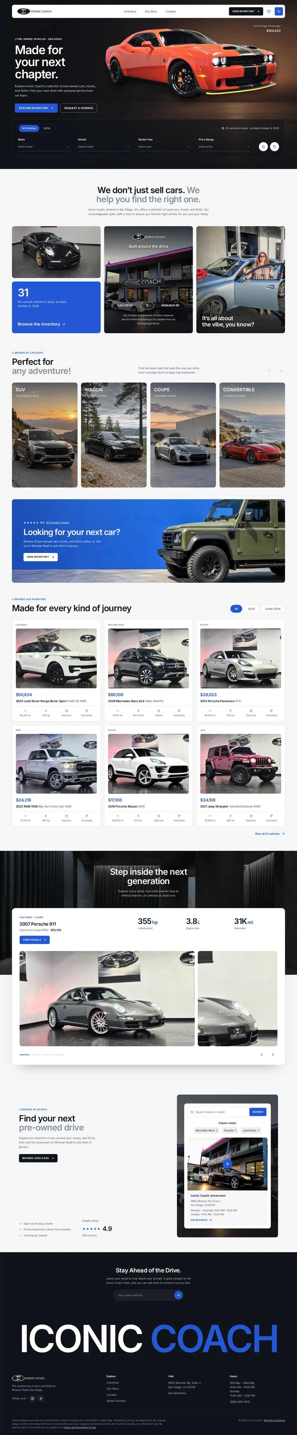 The complete Iconic Coach home page, top to bottom.