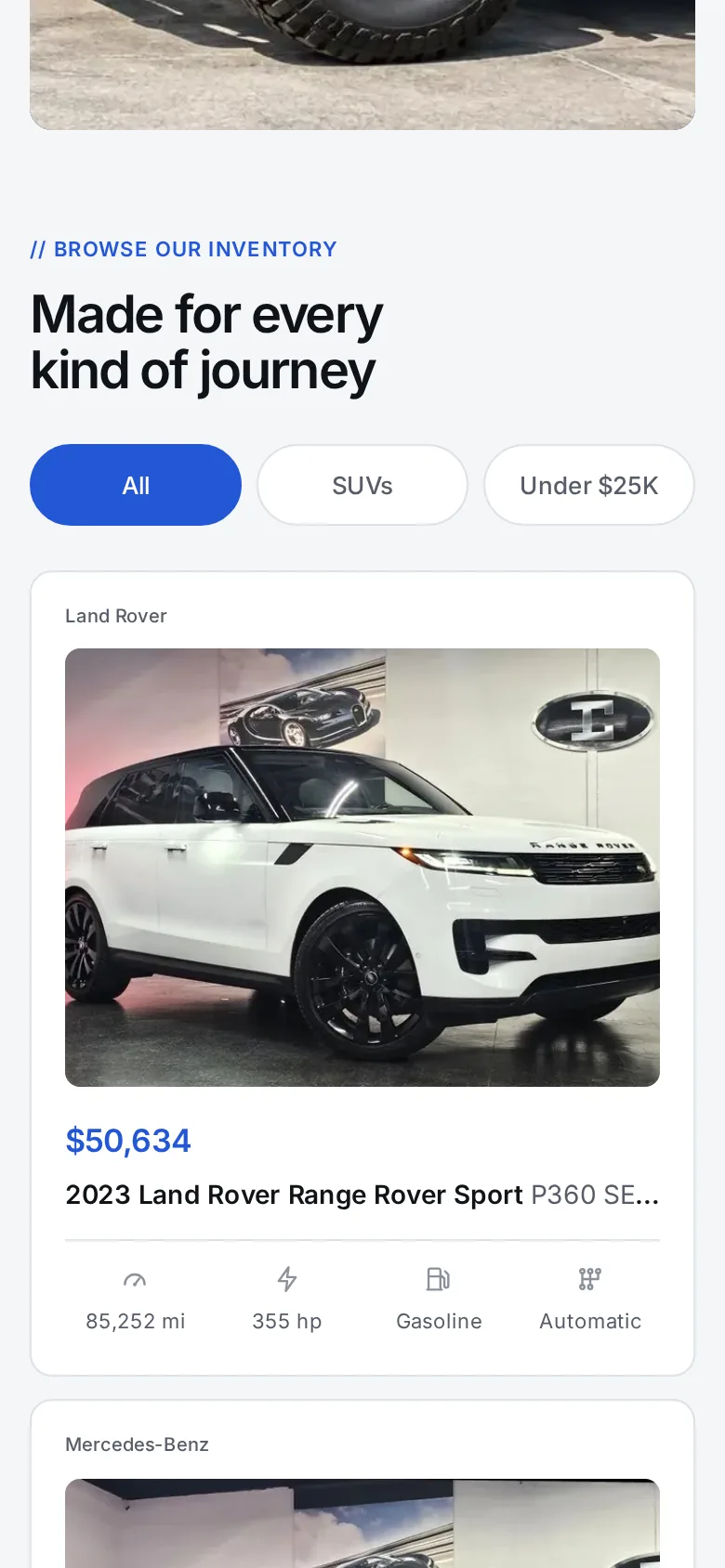 Iconic Coach inventory on a phone, with All, SUVs and Under $25K tabs.