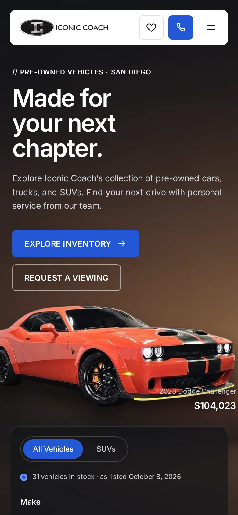 Iconic Coach home page on a phone, with Explore Inventory and Request a Viewing.