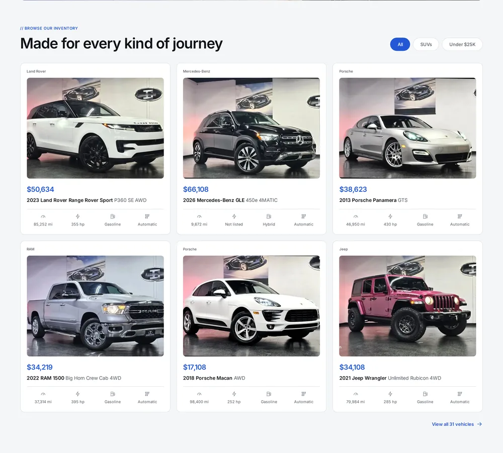 Iconic Coach inventory section: six vehicle cards with photos, prices and specs, with All, SUVs and Under $25K tabs.