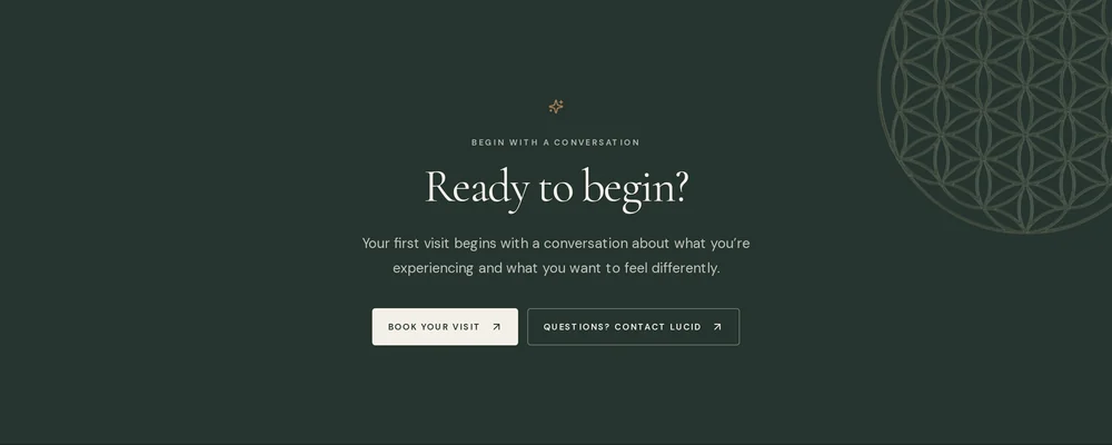 Lucid closing invitation on deep green: Ready to begin? with Book Your Visit and Contact Lucid buttons.