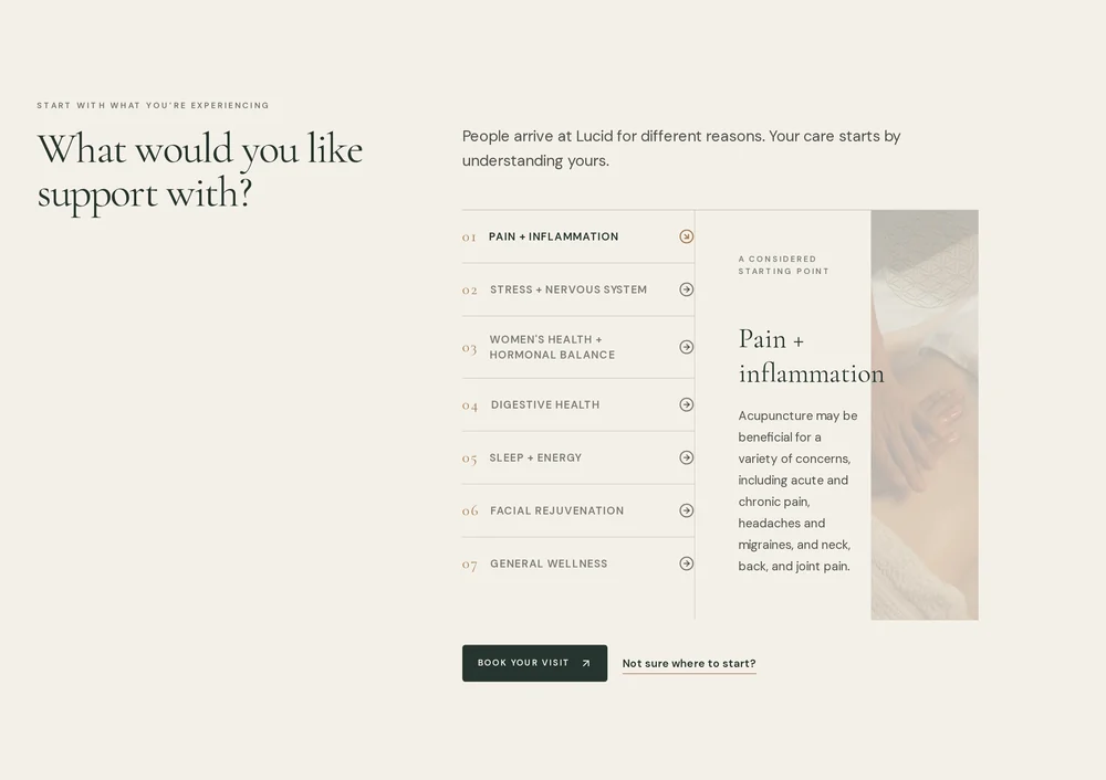 Lucid support selector: seven areas of care listed on the left, with the selected area explained on the right and a Book Your Visit button.