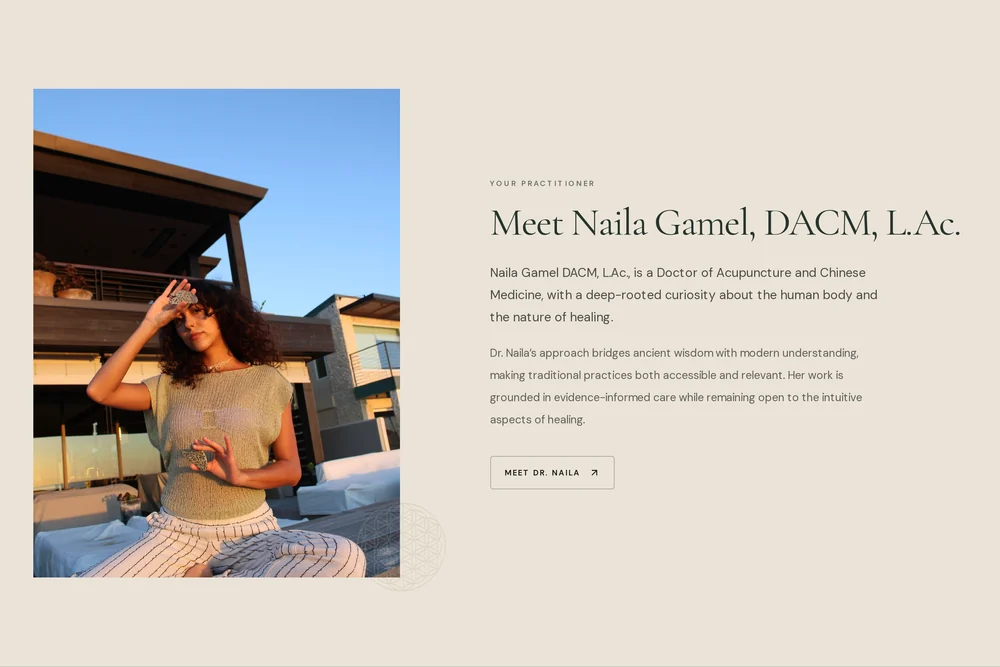 Lucid practitioner section introducing Naila Gamel, DACM, L.Ac., with her portrait.
