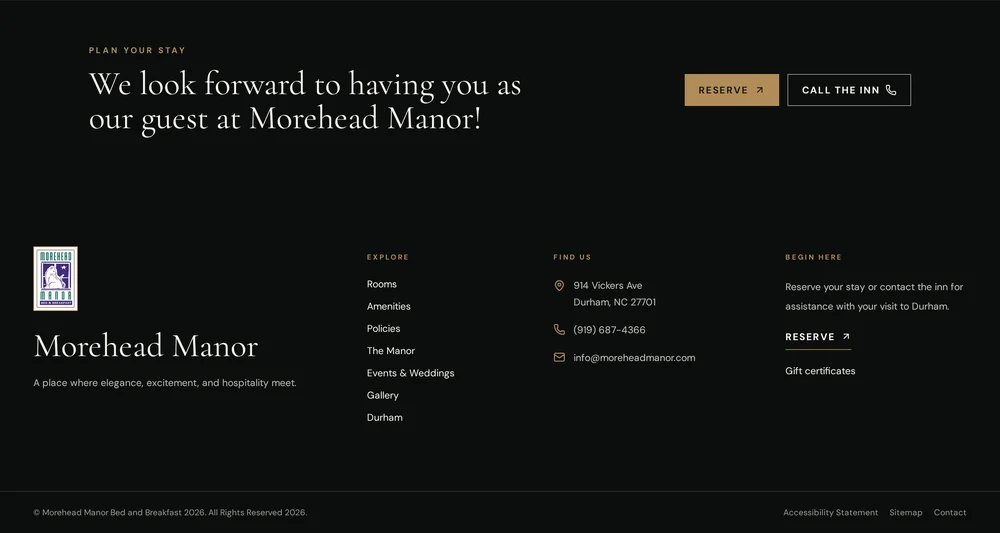 Morehead Manor closing band with Reserve and Call the Inn buttons above the footer.