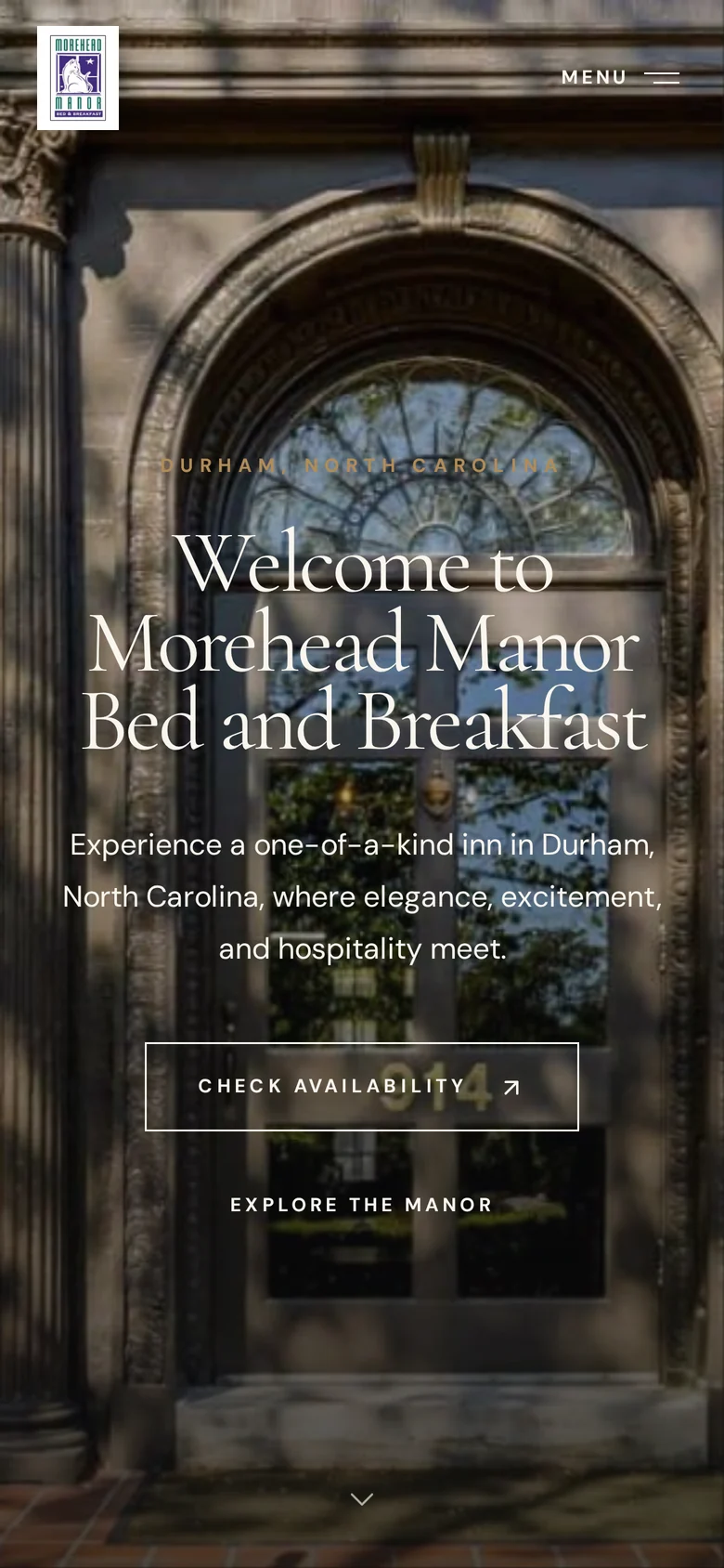 Morehead Manor home page on a phone: the arched doorway with Check Availability.