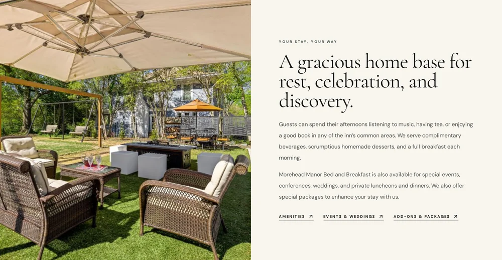 Morehead Manor section: garden seating under umbrellas beside the heading A gracious home base for rest, celebration, and discovery.