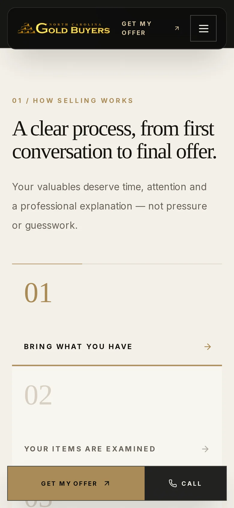 NCGB process steps on a phone, with the offer and call bar docked at the bottom.