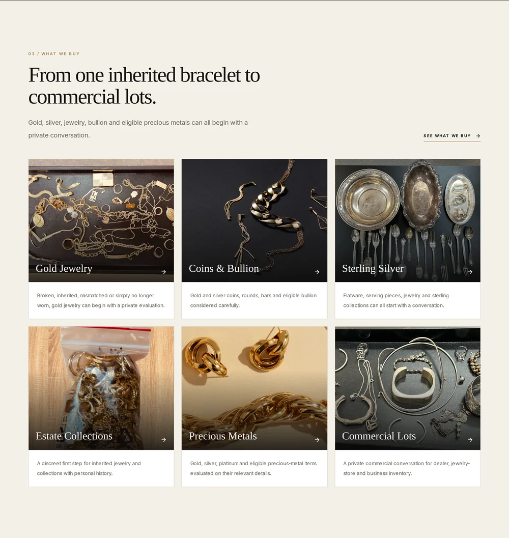 NCGB What We Buy section: six photographed categories from gold jewelry to commercial lots.